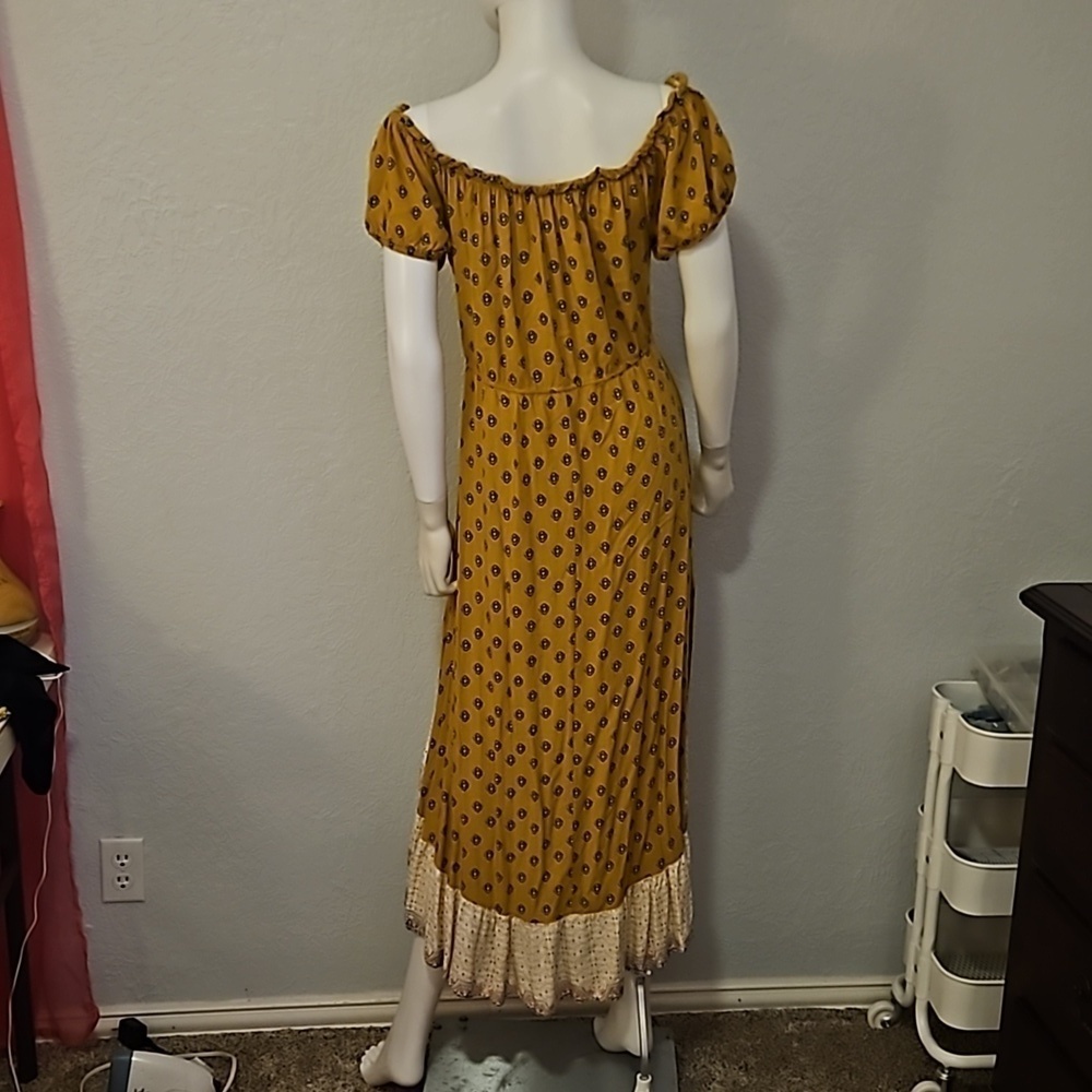 VTG Y2k Mustard Floral Ruffle Off Shoulder High-Low Prairie Boho Dress - Picture 6 of 8